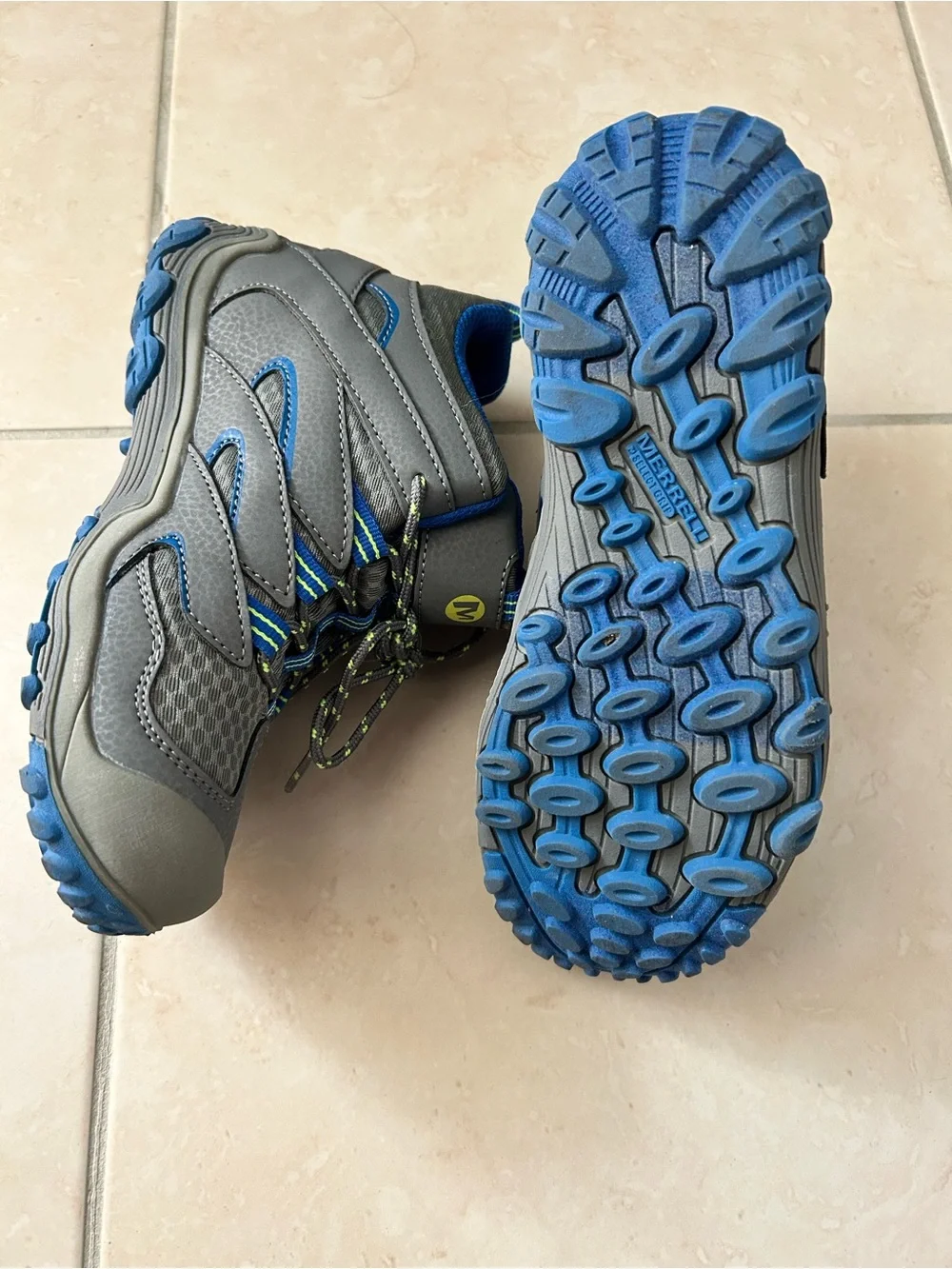 Merrell Kids Gray and Blue Hiking Boots with Lime Accents